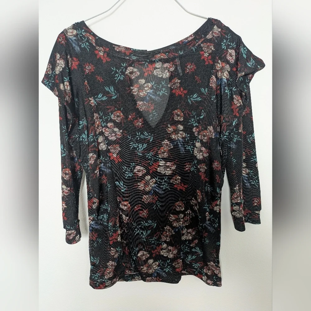 Free People EUC Womens Size Xs 3/4 Sleeve Floral Black Red Blouse Shirt Top Boho - Picture 3 of 14